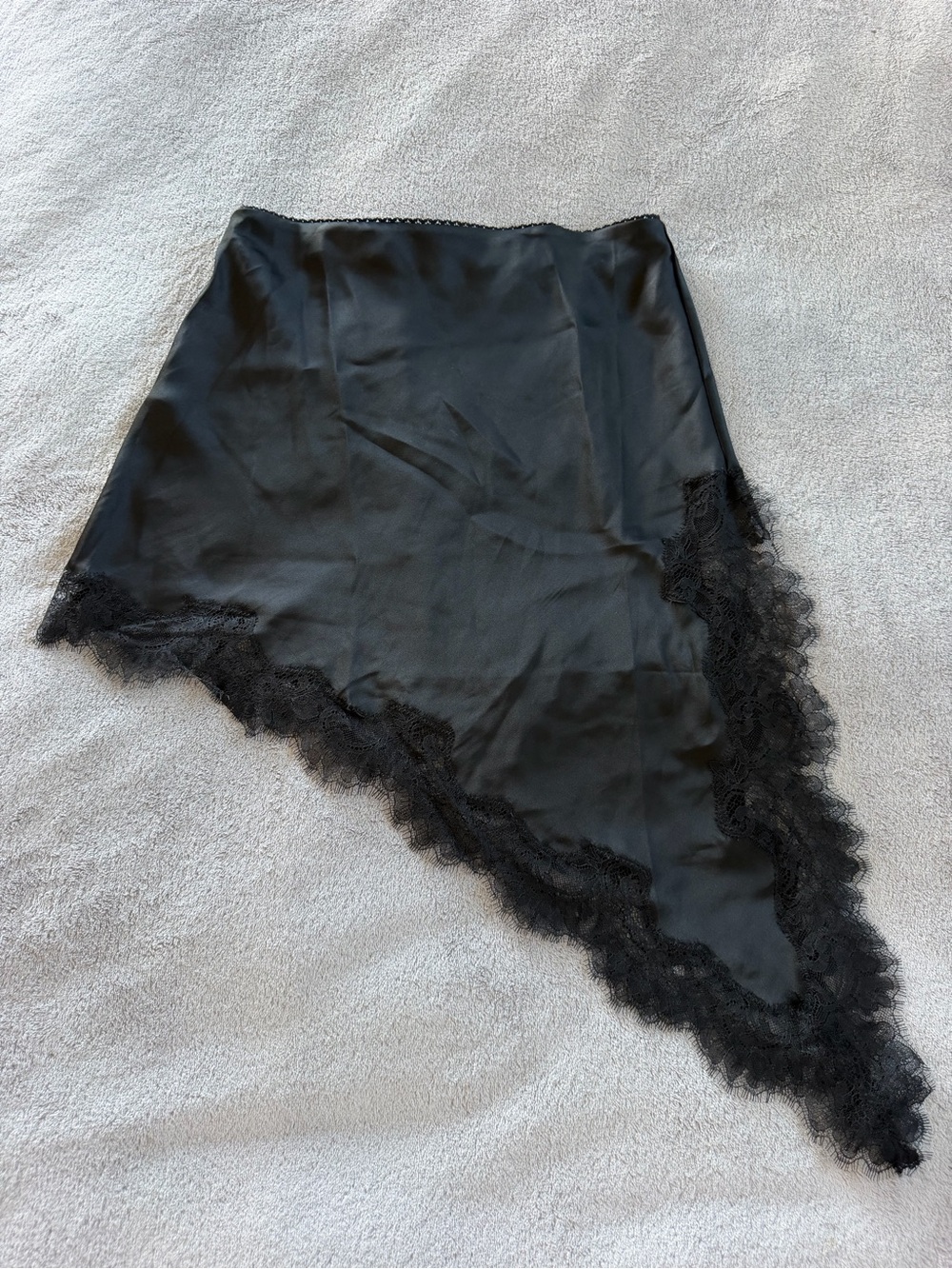 MNG Black Satin Lace Trim Asymmetric Slip Skirt Size S